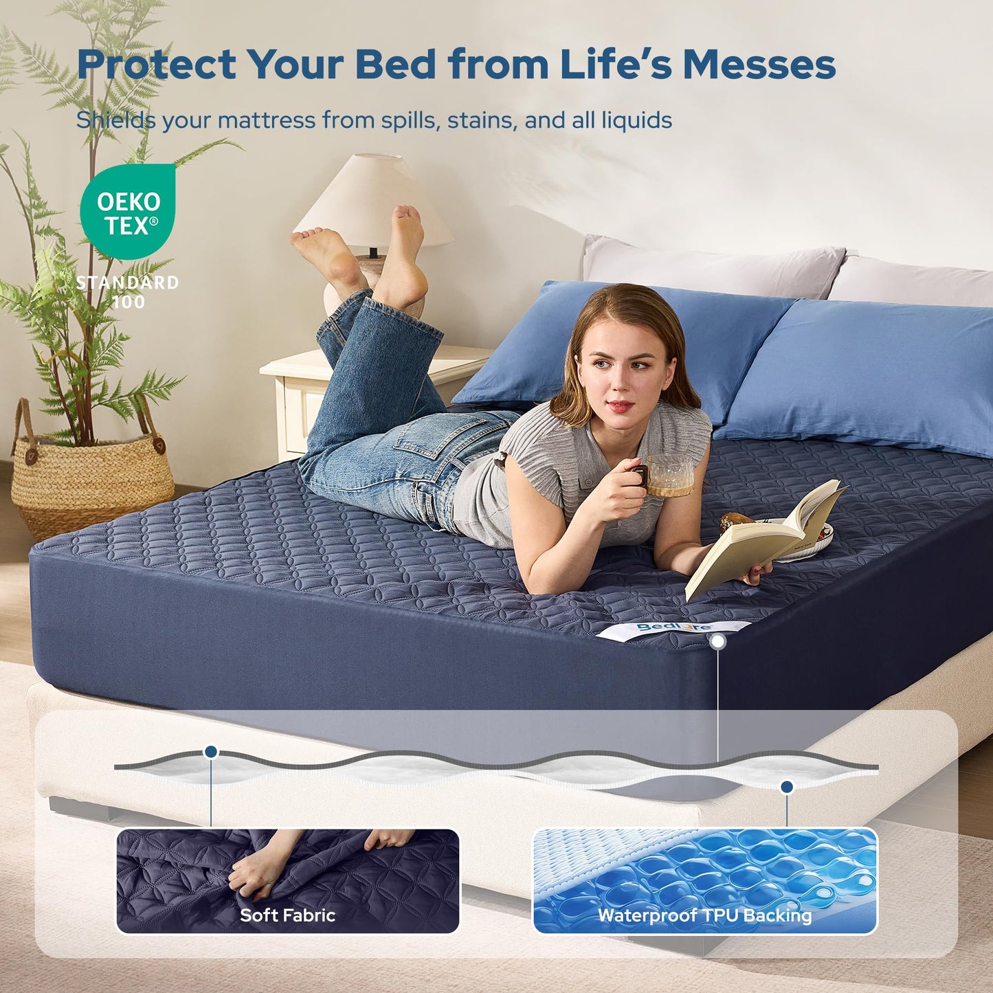 BEDLORE 2 Pack Waterproof Mattress Protector, Queen Size Pad Noiseless with Deep Pocket Fitted for 6"-18", Soft Breathable Dirt Proof Bed Mattress Cover Washable for Home, Bedroom, Hotel (Navy Blue)