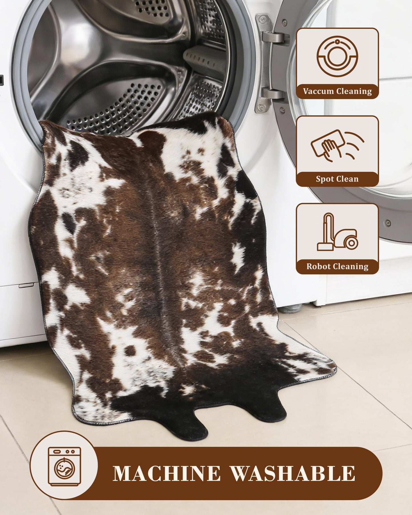 WMT NVMTER Faux Cowhide Rug, Fluffy Fur 4.6x5.2 Feet Washable Cow Print Rug for Living Room Bedroom Animal Print Hide Skin Rustic Western Décor Black and Brown