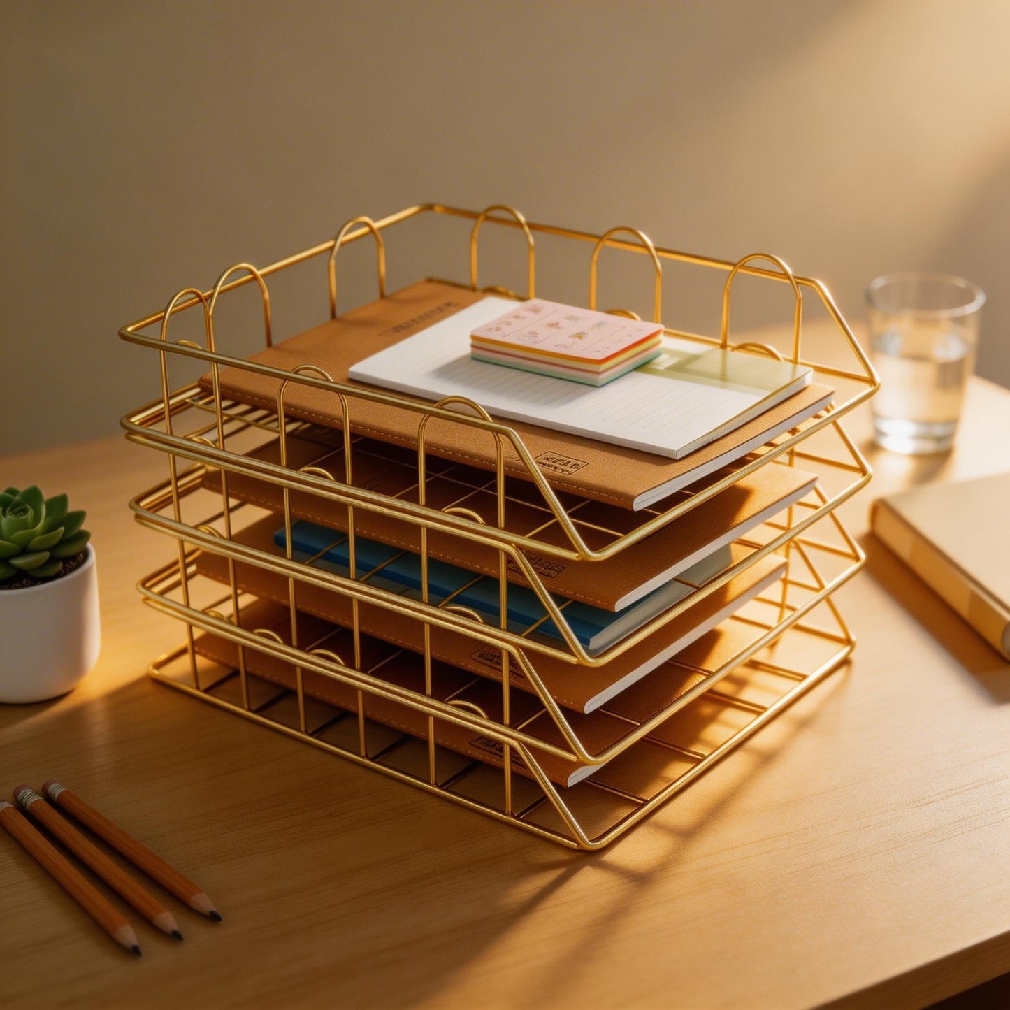 JIARI 4 Pack Desk Organizer Stackable Letter Tray Paper Organizer, Metal Desk Organizer Tray for Letter/A4 Paper Storage, for Office Supplies (Gold 4 Pack)