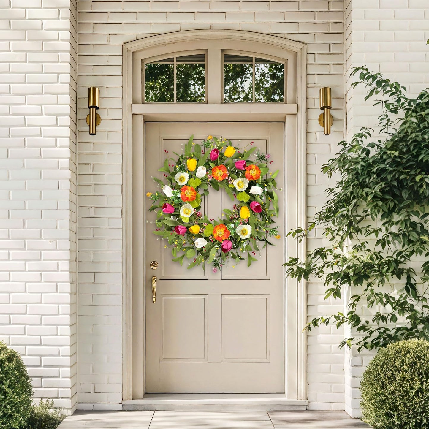 ICX 22" Spring Summe Wreaths for Front Door, Artificial Tulip Wreath with Orchids Green Foliage, All Season Farmhouse Window Wall Wedding Decor, Housewarming Gift