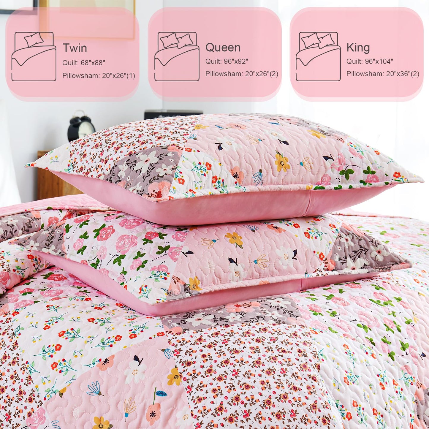 Whale Flotilla Patchwork Quilt Twin Size, Extra Soft Boho Floral Bedspreads for Bed Reversible Lightweight Twin Quilt Bedding Set Printed Coverlets with 1 Pillow Sham for All Seasons, Pink