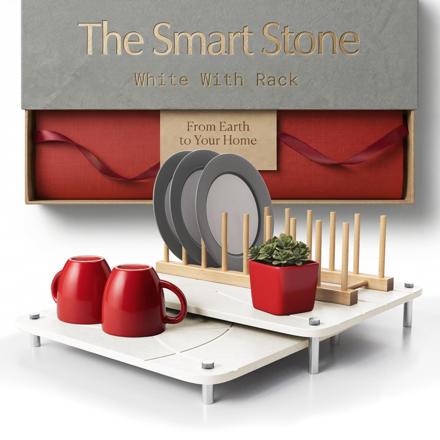 Nested Dish Drying Stone Mat with Bamboo Rack | 2 Pcs Diatomaceous Earth Stone Drying Mats for Kitchen Counter with Non-Slip Feet | Collapsible Large Drying Stone for Dishes (White)