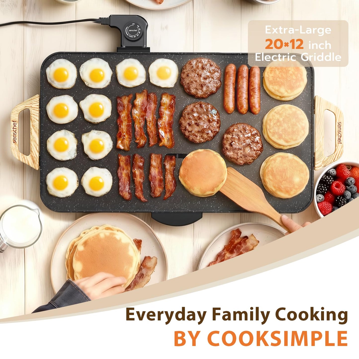 SENSCHEF CookSimple Everyday 20x12 Inch Electric Griddle with 1700W Fast Even Heating&ILAG Granite Nonstick Surface – Large Flat Griddle Perfect for Family Meals, Pancakes–Easy to Clean, Granite Black