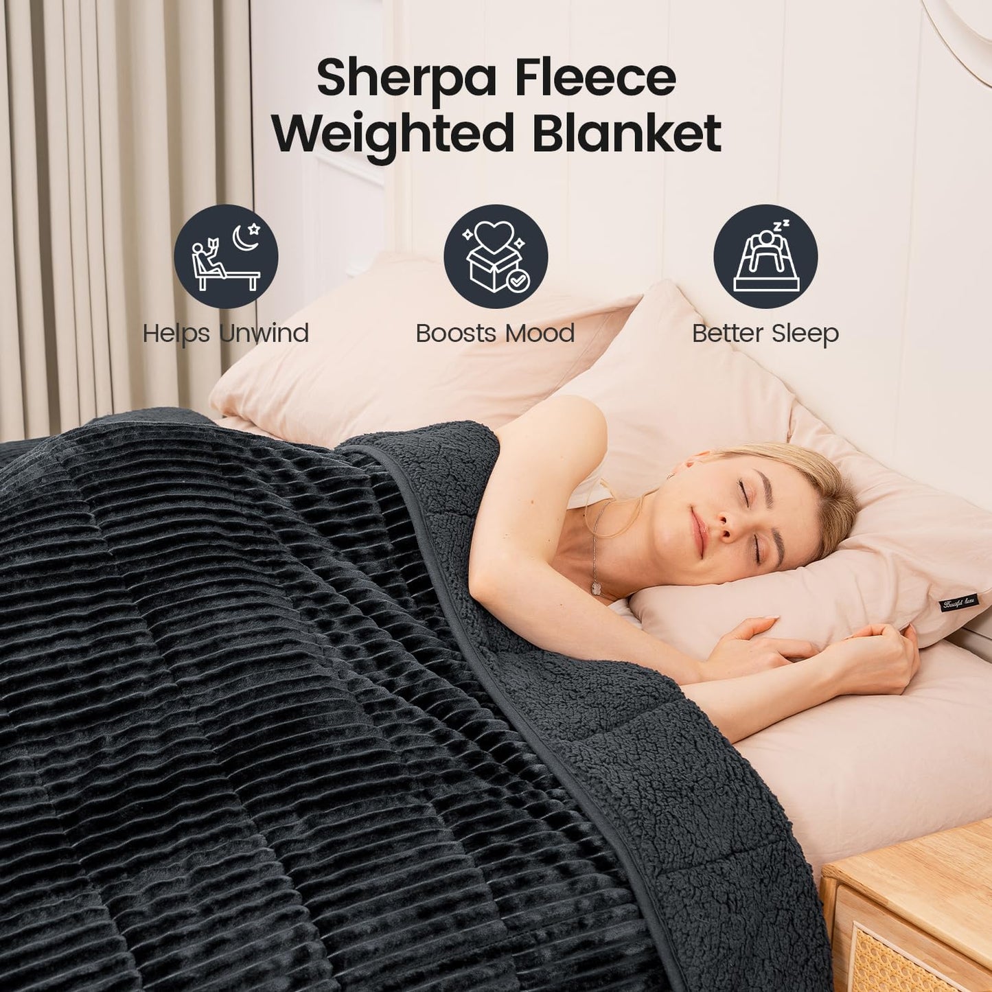 Sherpa Fleece Adult Weighted Blanket with Ribbed Stripes, 15 Pounds Dual Sided Soft Plush Blanket for Couch Bed Sofa, Heavy Thick Blankets with Glass Beads Great for Sleep, Dark Grey, 48" x 72"