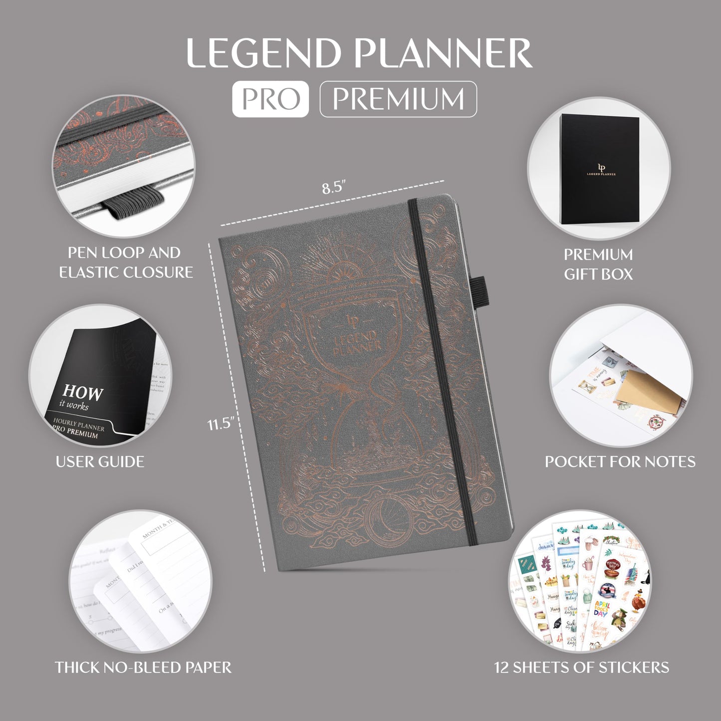 Legend Hourly Planner PRO Premium – Undated Schedule Planner with Time Slots – Weekly, Monthly & Daily Personal Organizer, A4 (Mystic Grey)