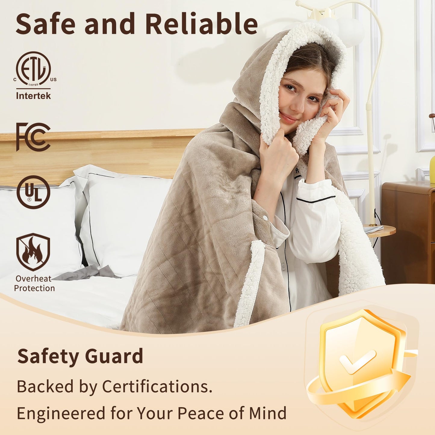 ESTINGO Wearable Heated Blanket Electric Throw, Heated Shawl with 6 Heating Levels and 1-4 Hours Auto Off, Heated Hoodie Women for Mom Women Seniors Grandma 50"×64" Light Beige