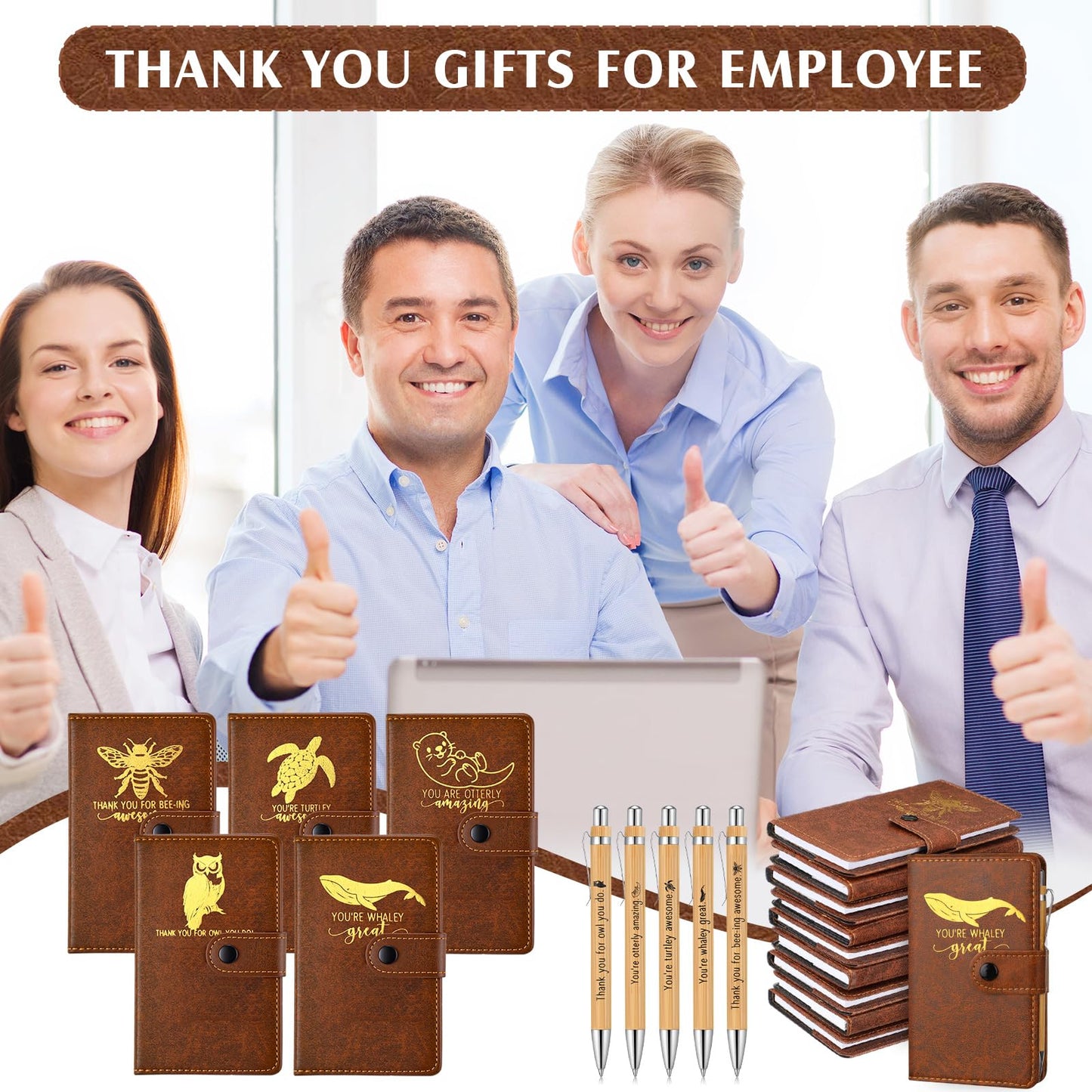 Tenceur 20 Set Employee Appreciation Gift for Men Animal Pun Note Leather Journal Fathers Day Inspirational Notebook A6 Notepads with Bamboo Pen Coworker Office Staff Teacher Thank You Gift, Brown
