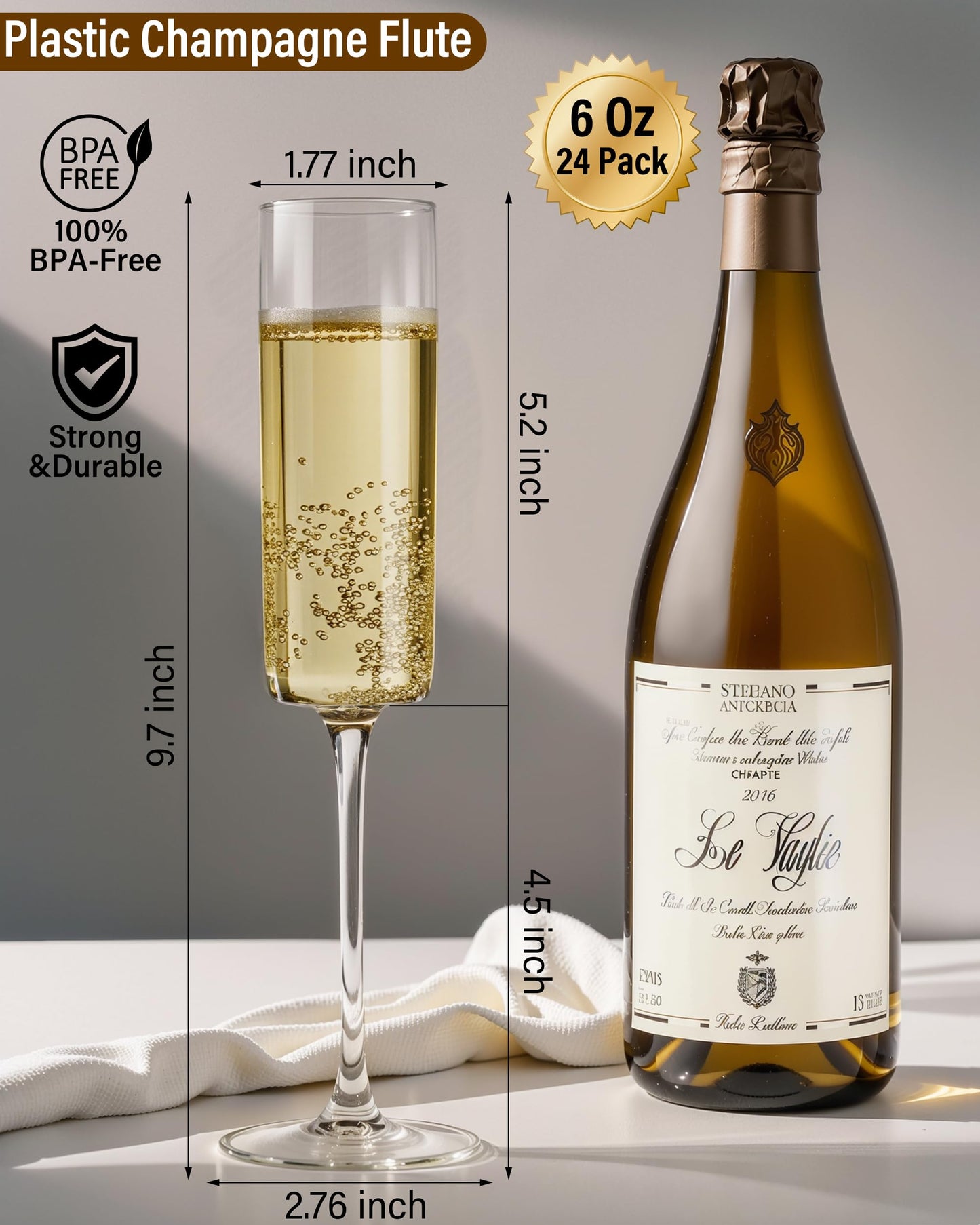 Nervure 24 Pack Plastic Champagne Flutes - 6 Oz Clear Disposable Champagne Flutes - Square Plastic Toasting Glasses for Party Birthday Anniversary Wedding