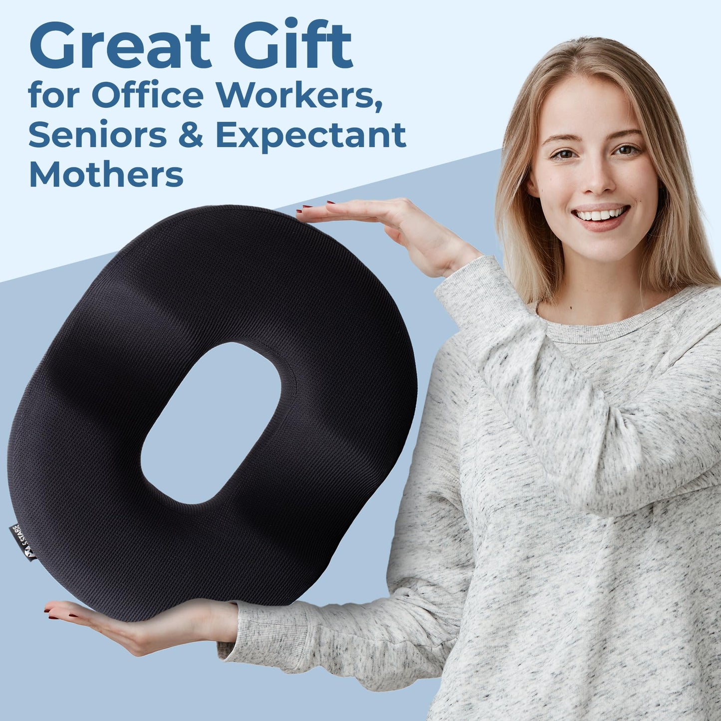 5 STARS UNITED Donut Pillow Hemorrhoid Tailbone Cushion – Large Floor Cushion for Pain Relief – Coccyx, Prostate, Sciatica, Pelvic Floor, Pressure Sores, Pregnancy, Postpartum Recovery, Arctic Black
