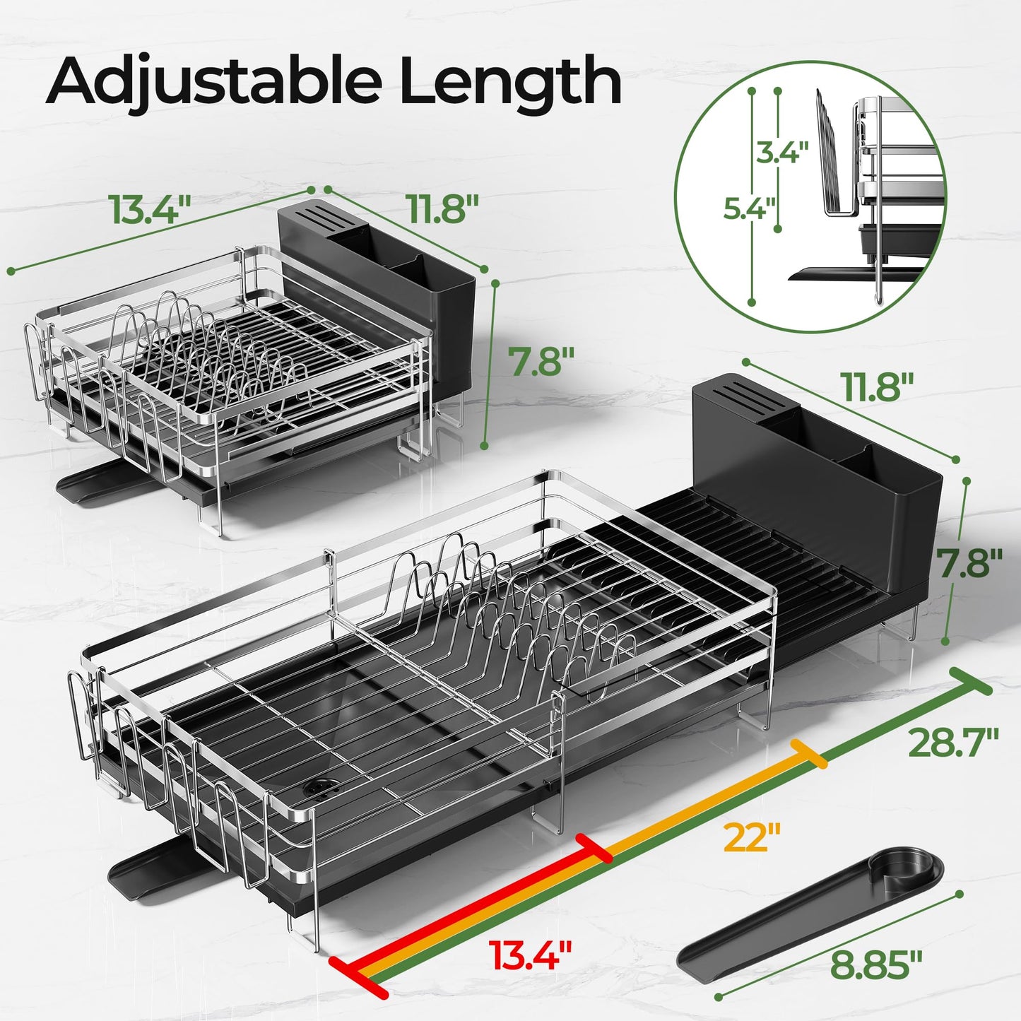 Pantasia Large Dish Drying Rack, Expandable Dish Rack, Stainless Steel Anti-Rust Dish Racks for Kitchen Counter, Multifunctional Dish Drainer with Utensil Holder & Cup Holder, 13.4"-28.7" L x 11.8" W