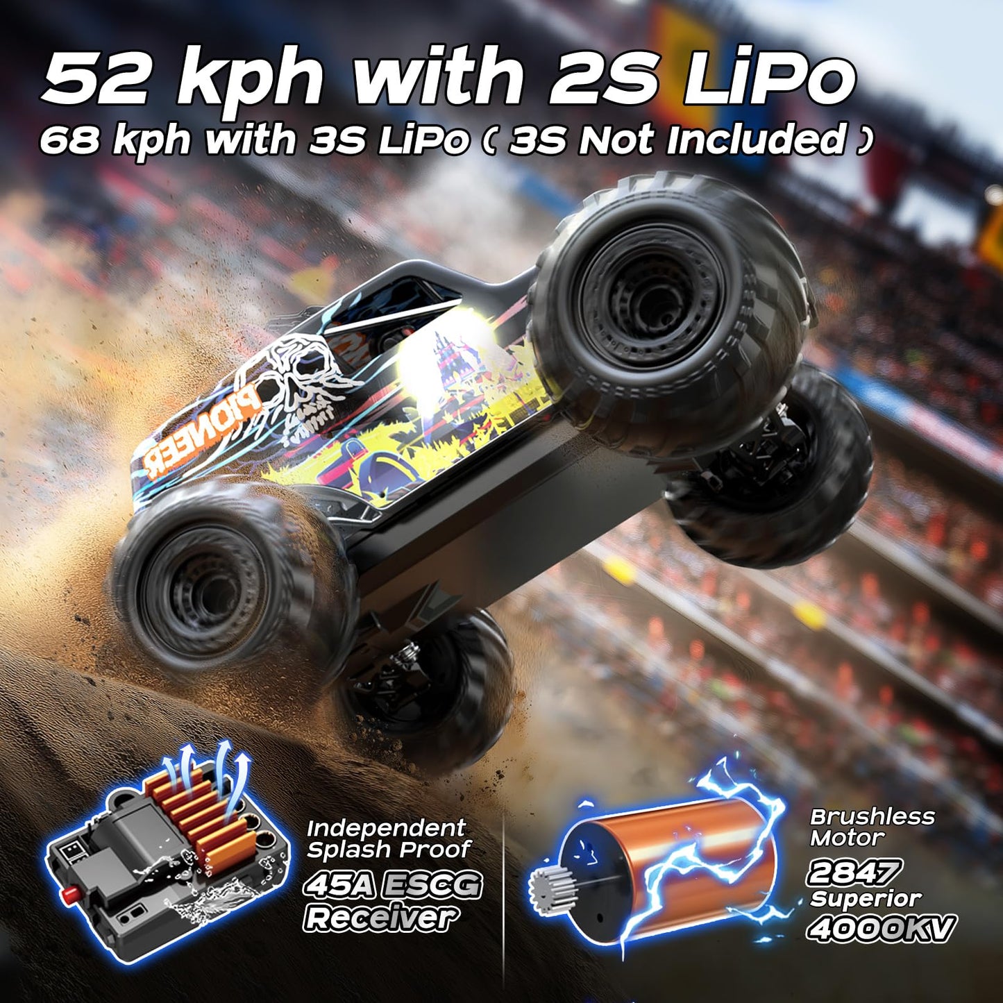 1/14 Brushless RC Cars for Adults, Max 42mph Oil Shock Absorber Electric 4WD High-Speed RC Car, Remote Control car for Adults RC Truck with Two 2S Lipo Batteries, Compatible with 3S Lipo