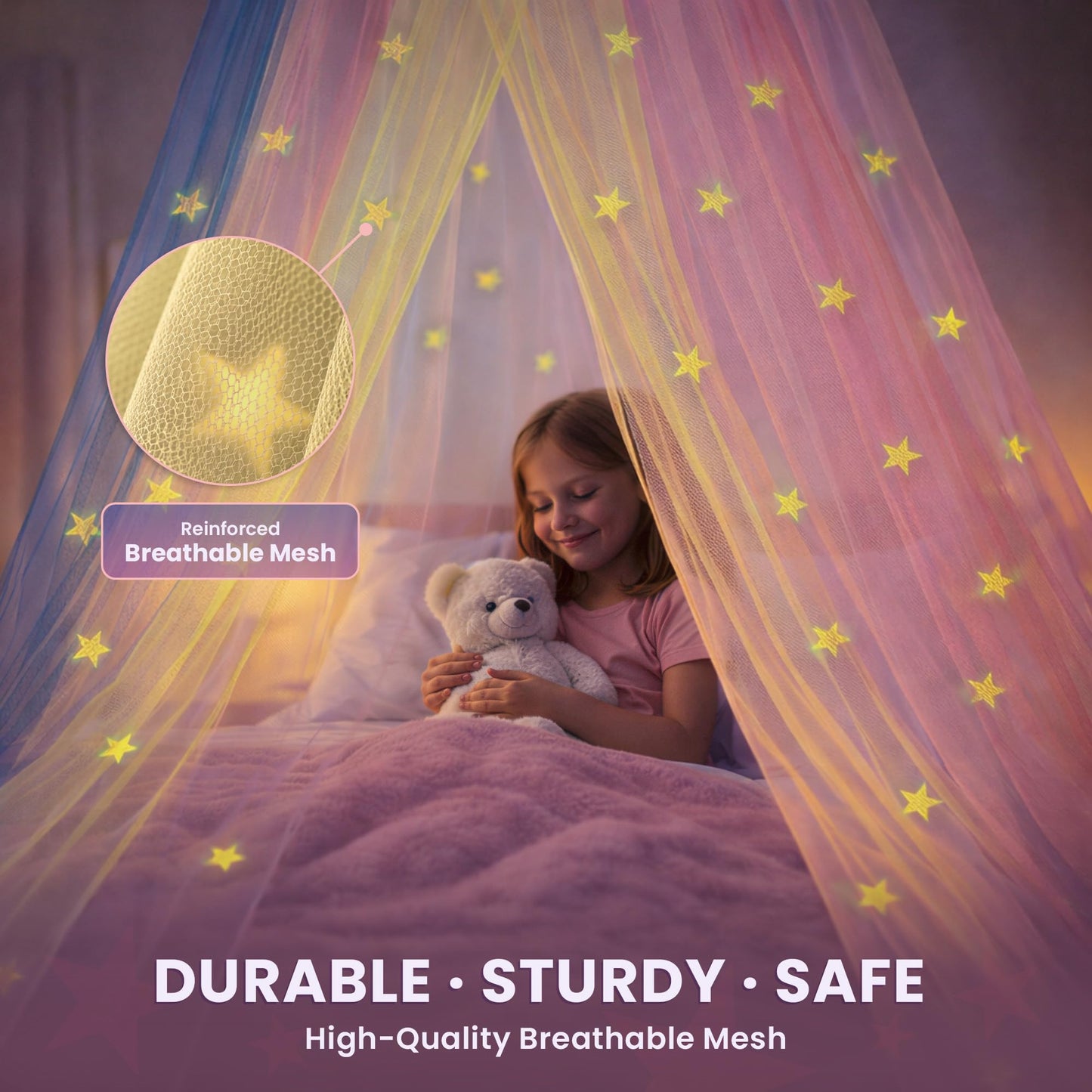 Bollepo Bed Canopy for Girls with Glowing Stars - Canopy Bed Curtains | Fits Single, Twin, Full, Queen Size Kids - Princess Bed Canopy | Rainbow Bedroom Accessories, Netting Room Decor, Ceiling Tent