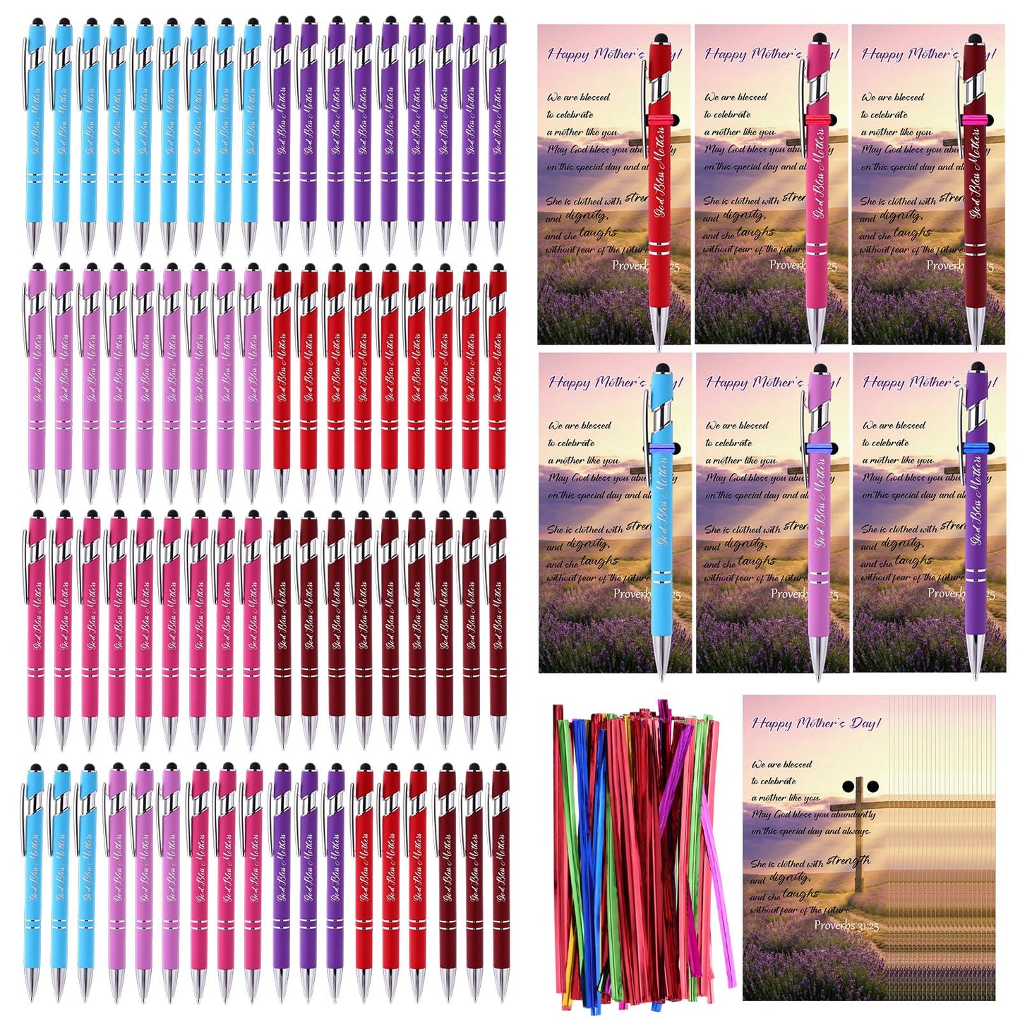 Qeeenar 72 Sets God Bless Mothers Gift Christian Church Gifts Ballpoint Pens Cards with Stylus and Metallic Twist Ties Bulk for Women Christmas Happy Mother's Day Religious Faith Scripture