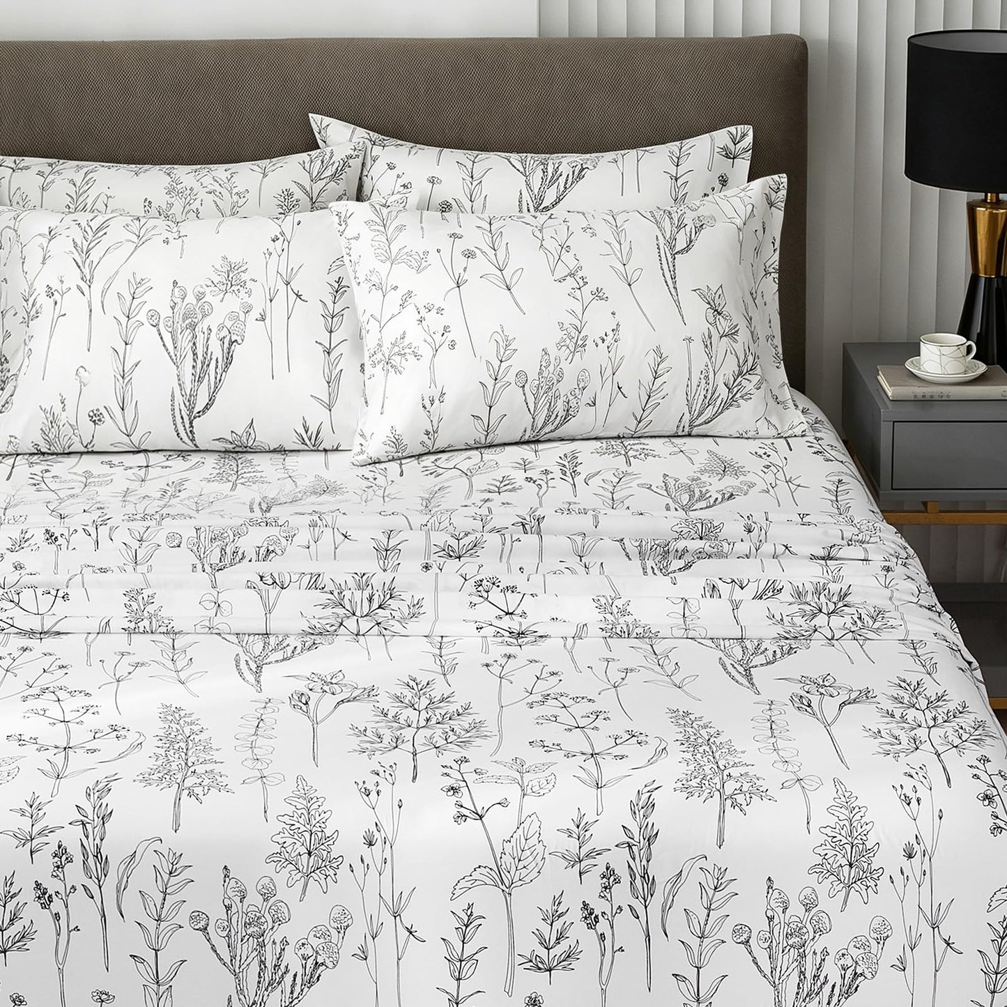 HYPREST 6 Piece King Size Sheets Set, Floral Sheets White and Black Patterned Sheets Deep Pocket up to 18 inches