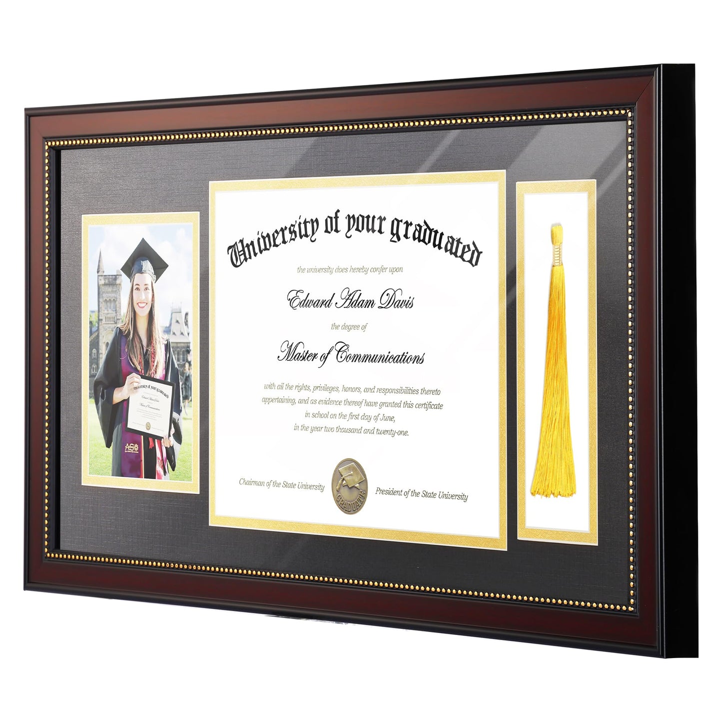 upsimples 11x22 Diploma Frame with Tassel Holder for 8.5x11 Certificate and 5x7 Photo with Black over Gold Mat, High Definition Glass, Mahogany with Gold Beads, 1 Pack