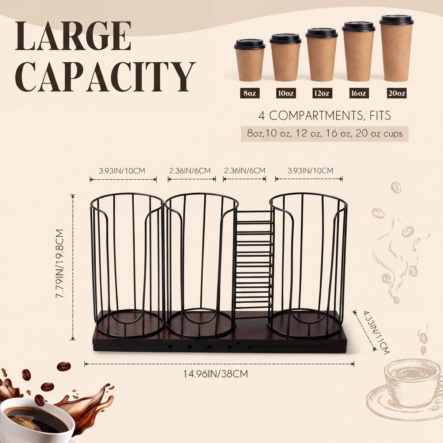 Geelin Adjustable Coffee Cup Dispenser, 4-compartment Cup and Lid Holder, Metal Holder Organizer for Storing Paper Cups, Straws, Lids and Disposable Tableware for Coffee Bar Countertop Breakroom