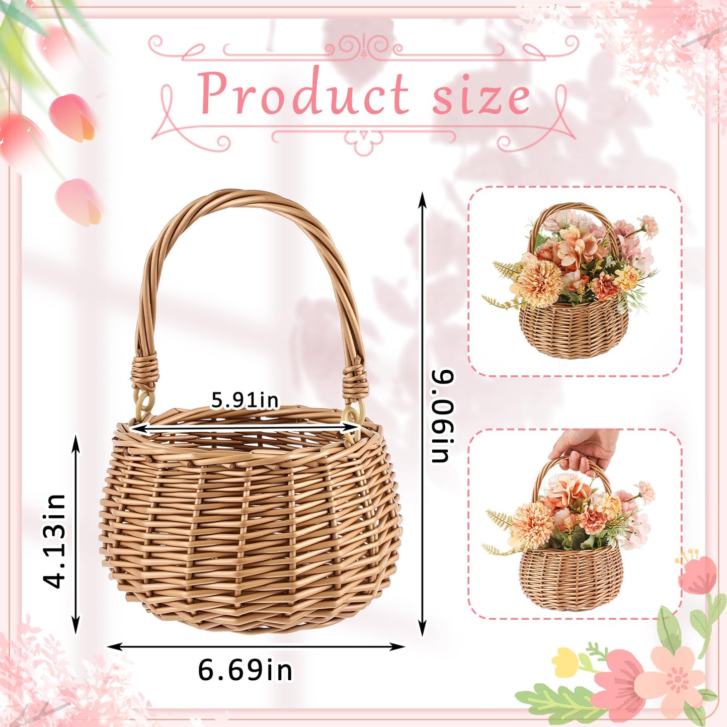 Weysat 2 Pcs Small Flower Girl Basket with Handle Wicker Rattan Flower Basket Set, Rustic, Hand Woven for Wedding Girl Home Decorations Picnic Garden Candy Sweets Gifts Storage, Multifunctional