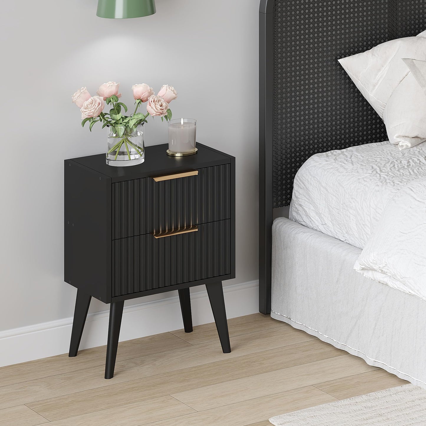 YAUKOMEL Black Nightstand,Mid Century Modern Bedside Table, Fluted Nightstand with 2 Drawers,Side Table with Wood Legs, End Table for Bedroom,Apartment,Dormitory,Small Space Black CTG55BK