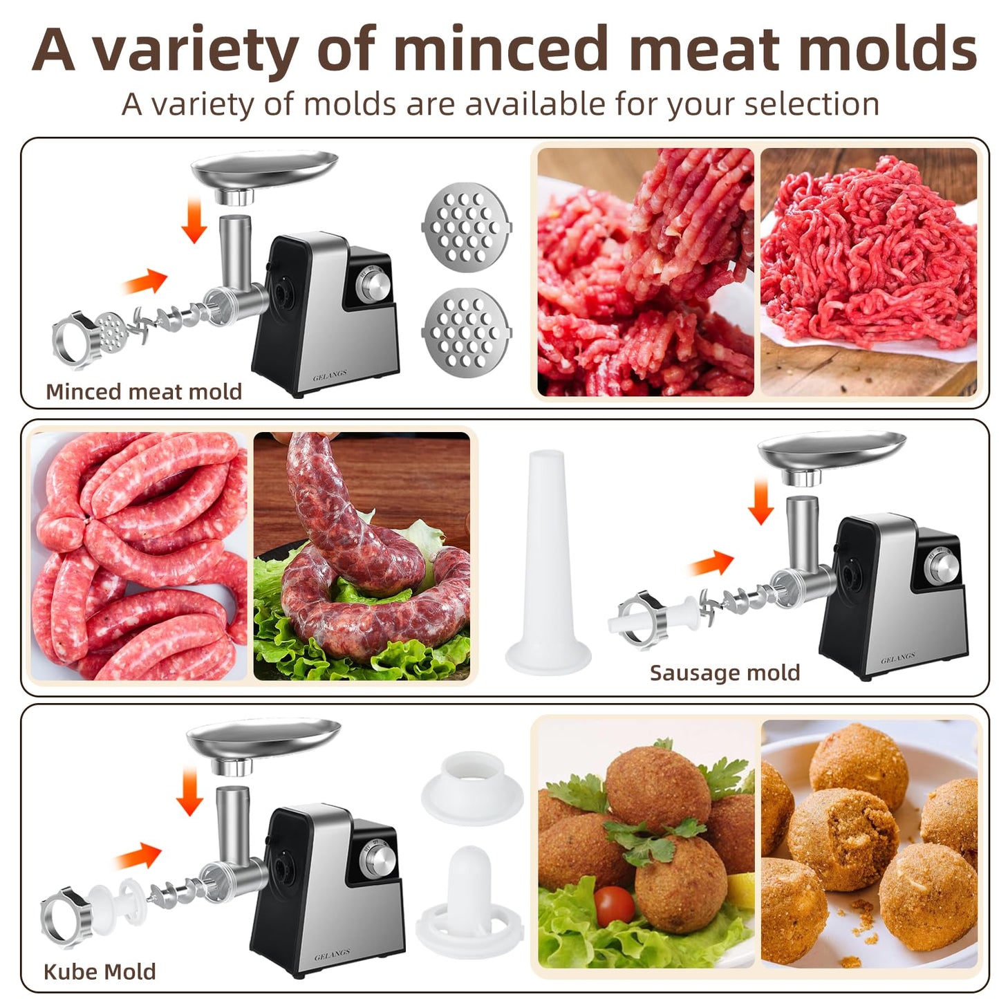 GELANGS Electric Meat Grinder, 350W （MAX2800W）Heavy Duty Stainless Steel Food Grinder with Sausage Stuffer Tubes & Kubbe Kit, 3 Grinding Plates for Home Kitchen Use