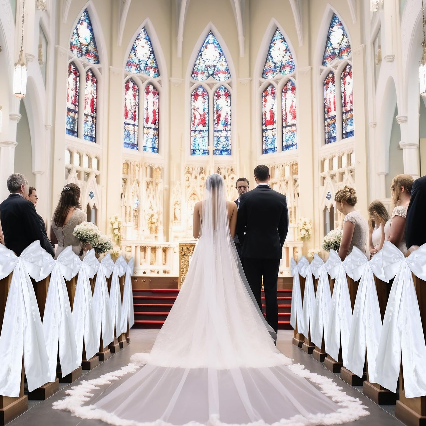 Knitgrip Large Wedding Pew Bows with Long Tails 12 x 29.5 Inch Wedding Aisle Decorations Bows Satin Ribbon Background Decor for Bridal Shower Reception Ceremony(White,12 Pcs)