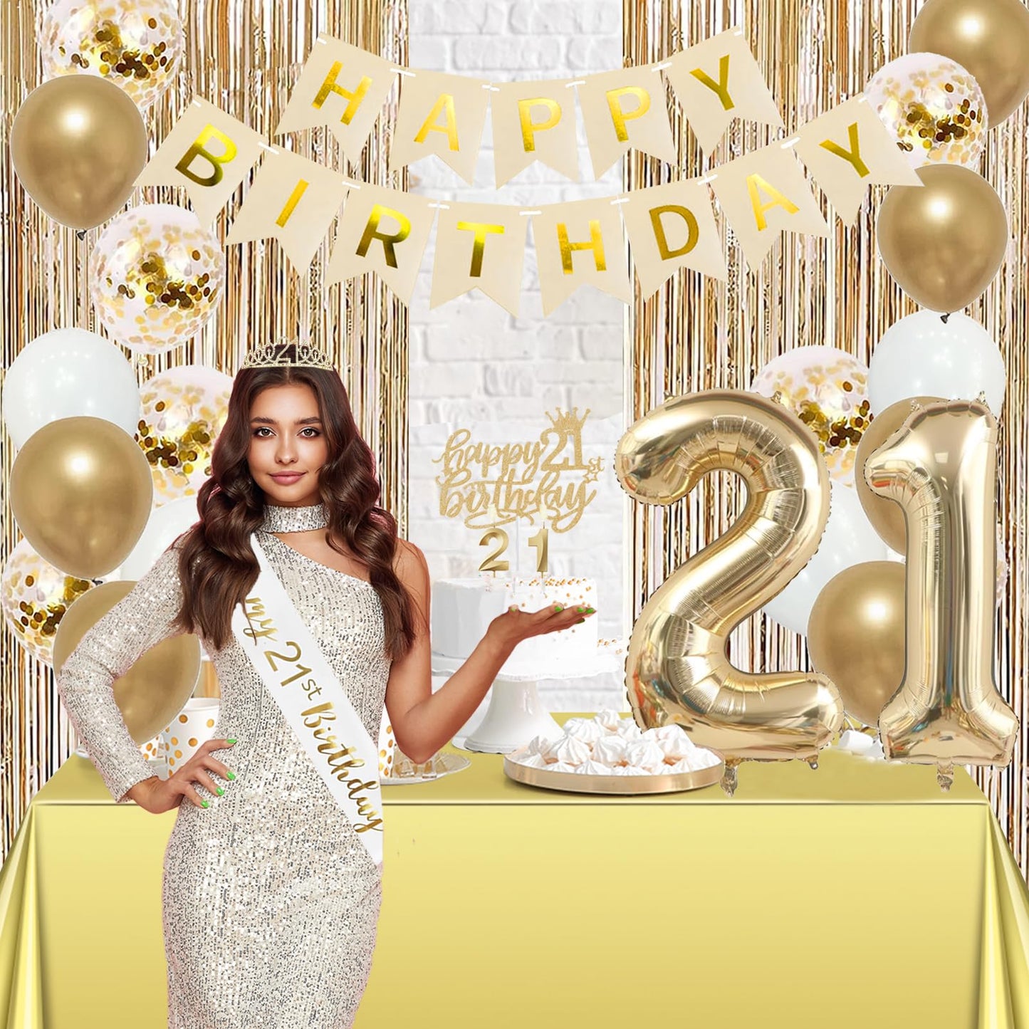 Trgowaul 21st Birthday Decorations for her, Champagne Gold Happy 21st Birthday Supplies for Girls, 21 Sash and Crown, Banner, Fringe Curtains, Cake Topper, 21 Year Old Party Supplies Set
