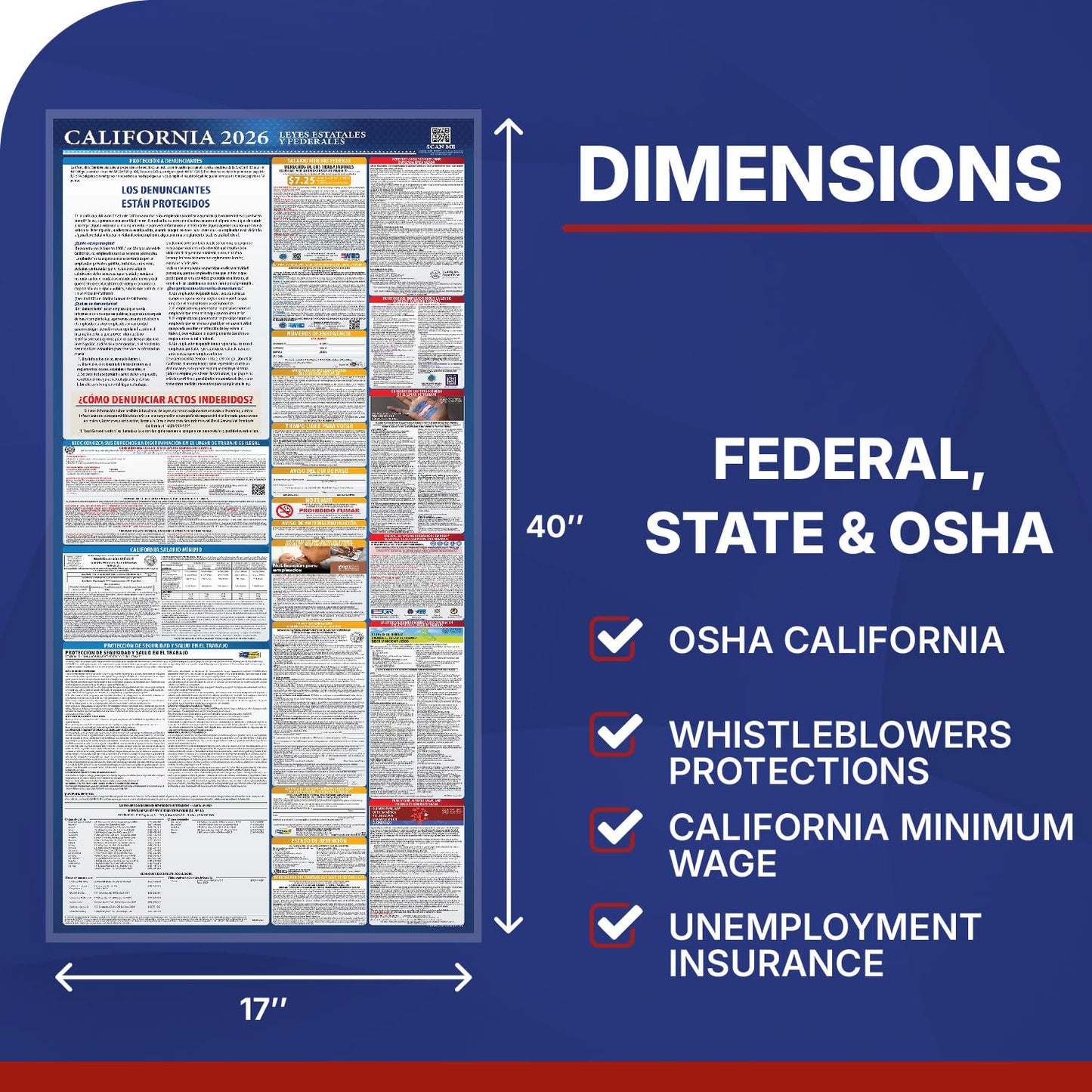 2026 California State and Federal Labor Law Poster - English Spanish Combo - OSHA Workplace Compliant - All-In-One Mandatory Regulations Required Compliance Posting for Employees - 17" x 40" Laminated (Combo)