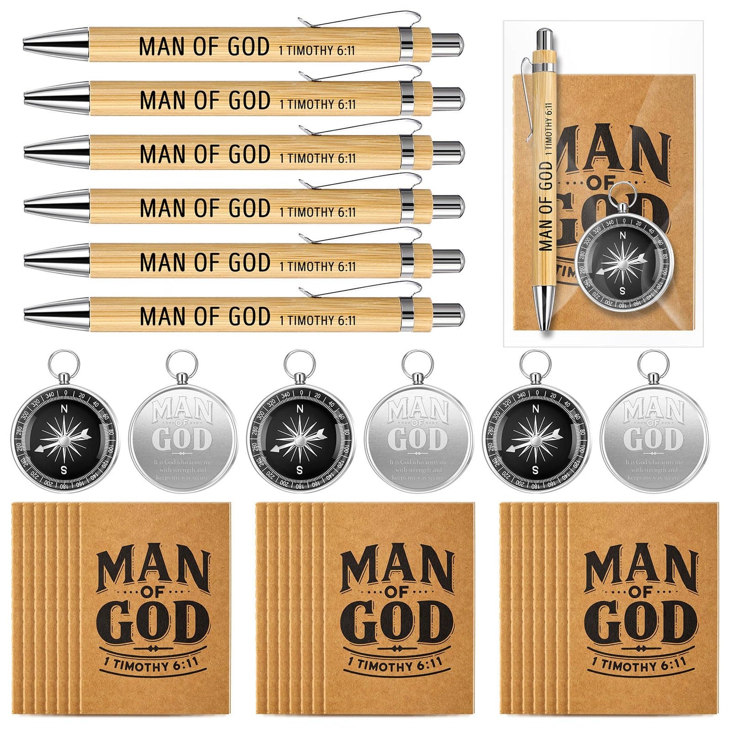 Chiisong 25 Set Man of God Gifts Include 25 Christian Mini Compass, 25 Religious Notebooks, 25 Bamboo Ballpoint Pens for Father's Day Pastors Church Travel Party Favors(25 Sets,Black, Silver)