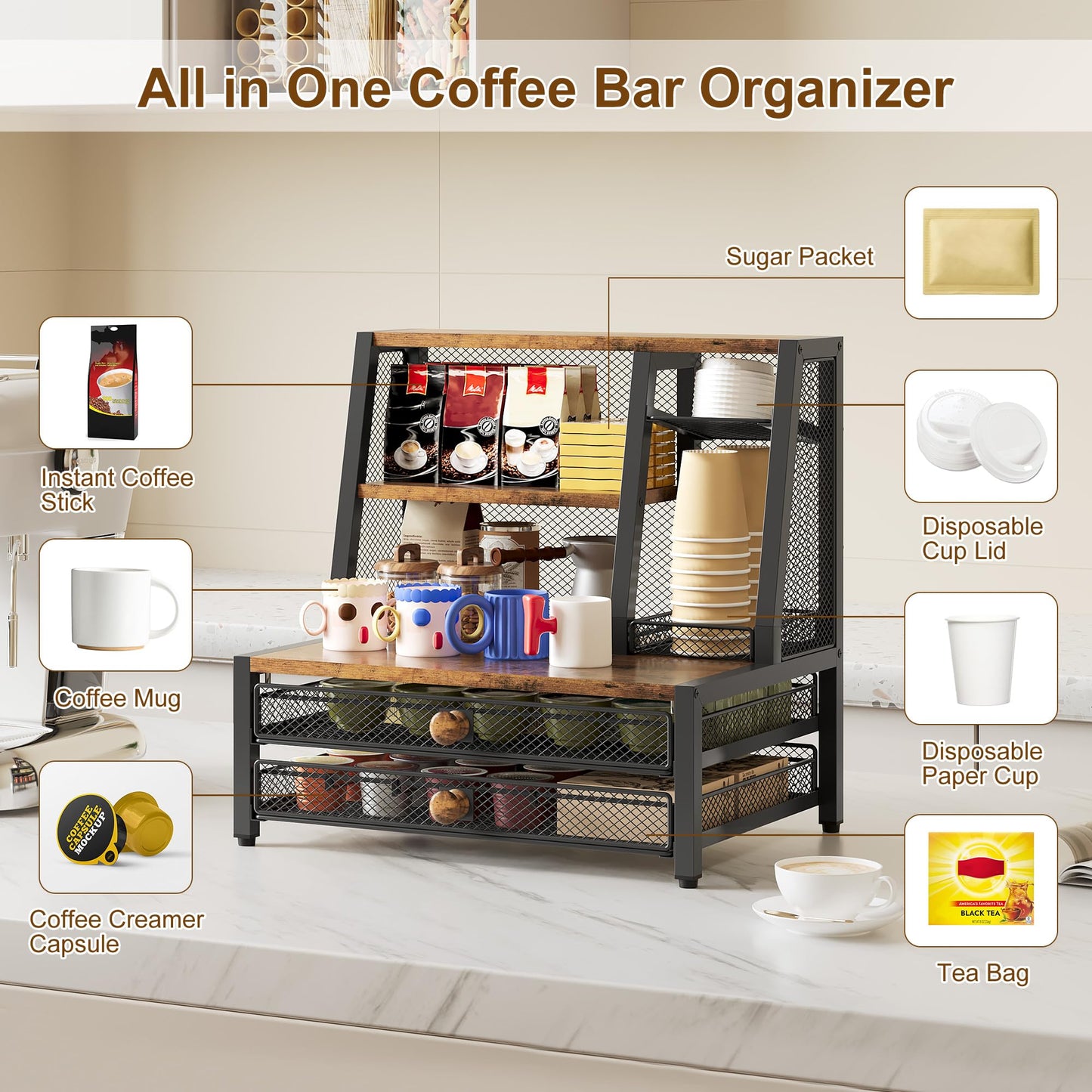 TQVAI Coffee Bar Organizer, Maximize Small Countertop Space, 70 Standard Capsules Capacity with Sliding Pods Drawer, 4-Tier Coffee Station Organizer for Home Kitchen Office Commercial