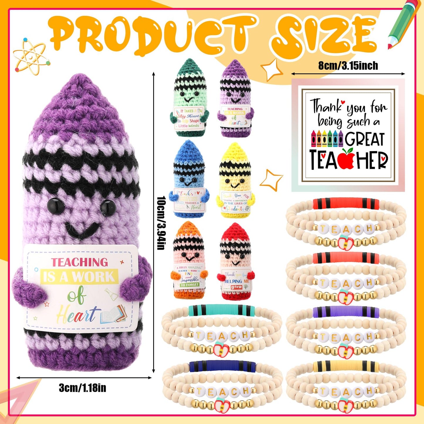 Juinte 6 Set Teacher Appreciation Gifts Crayon Crochet Dolls with Thank You Teacher Bracelet Presents for Graduation End of Year from Students