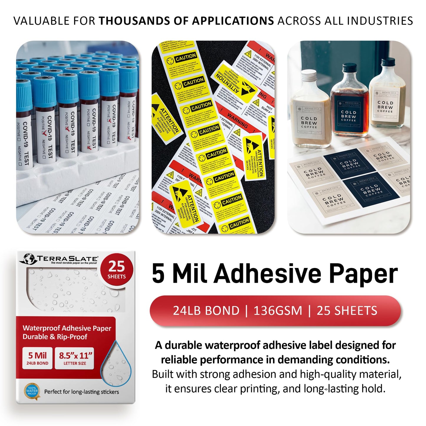 TerraSlate Waterproof Sticker Paper | 5 Mil Permanent Adhesive Labels | Printable Sticker Paper for Laser Printer, Copy Machine & Digital Press (Letter - 8.5" x 11", 25 Sheets)