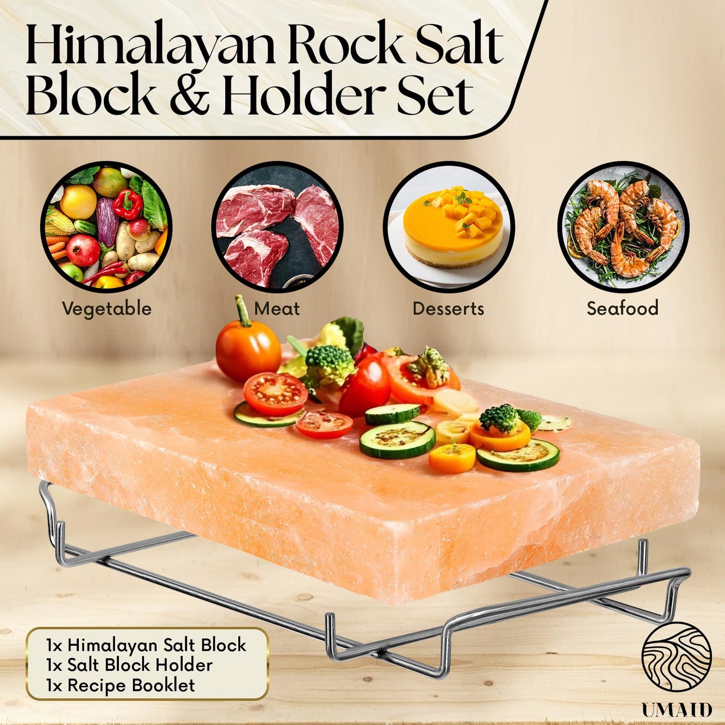 UMAID Himalayan Salt Block Cooking Plate 12x8x1.5 – Unique Gifts for Men, Food Grade Pink Himalayan Salt Stone for Cooking, Grilling, Serving & Food Presentation with Stainless Steel Tray & Recipe Booklet