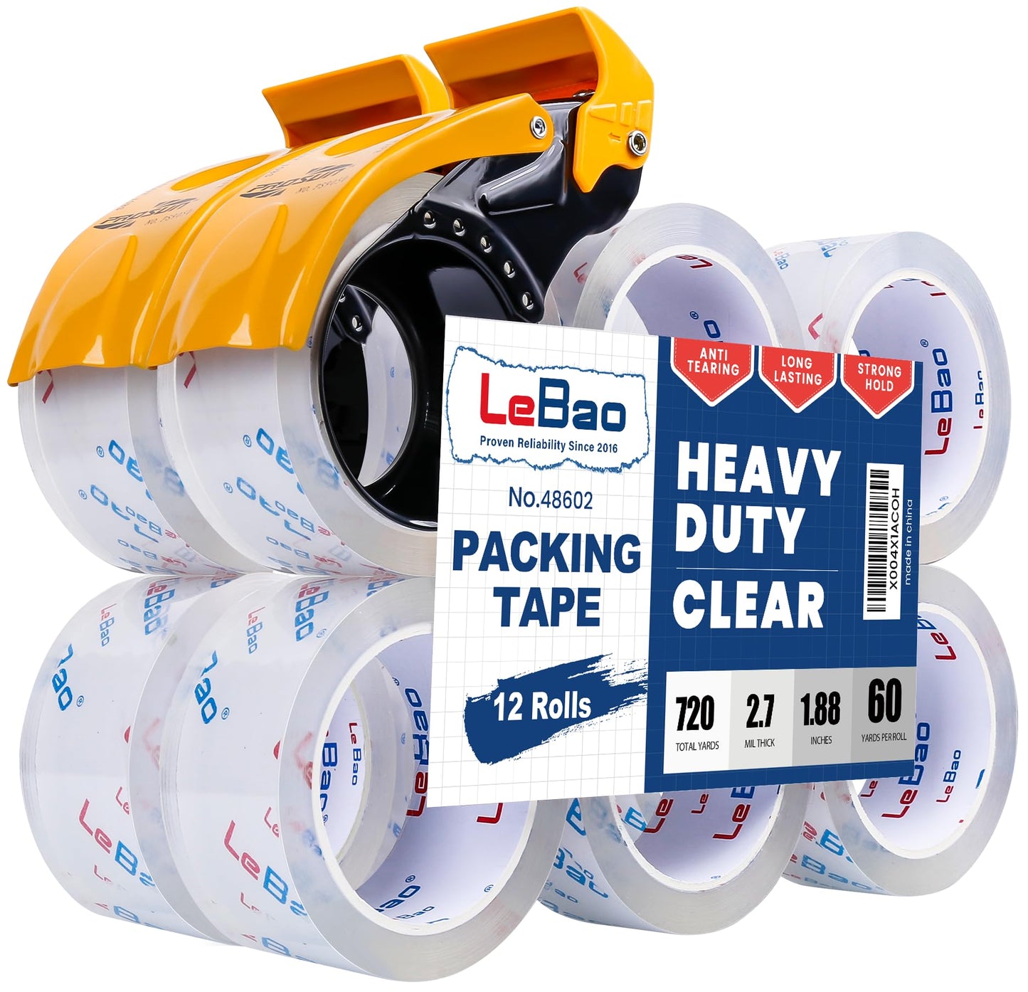 LeBao Clear Heavy Duty Shipping Packing Tape with Metal Dispenser, 12 Rolls 2.7 Mil Thick Ultra Strong Packaging Tape Refills Extreme Grip for Moving, Packaging, Storage Boxes Sealing 1.88 in x 60 Yds