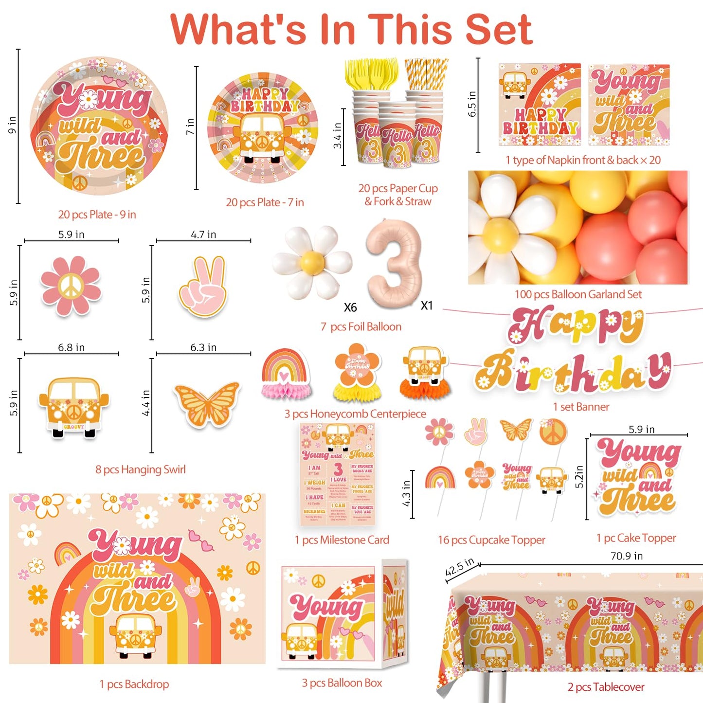 263pcs Young Wild and Three Party Decorations, Boho Groovy Daisy 3rd Birthday Decorations for Girls with Balloon Arch Tableware Backdrop Banner Tablecloth Cake Topper Balloon Box, Etc. Serves 20