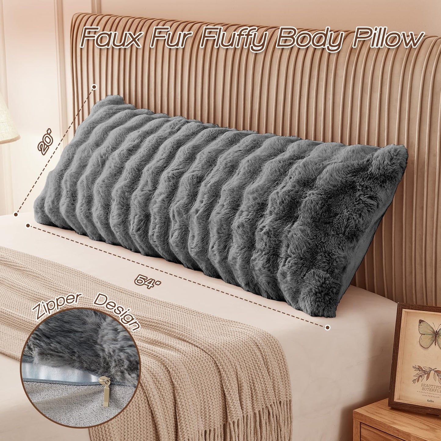 YZ HOME Faux Fur Fluffy Body Pillow for Adults - Firm Body Pillow Insert with Shredded Blue Memory Foam, Adjustable Height, Soft Support for Side Sleepers, Pregnant Women, Washable, 20x54 Inch (Grey)