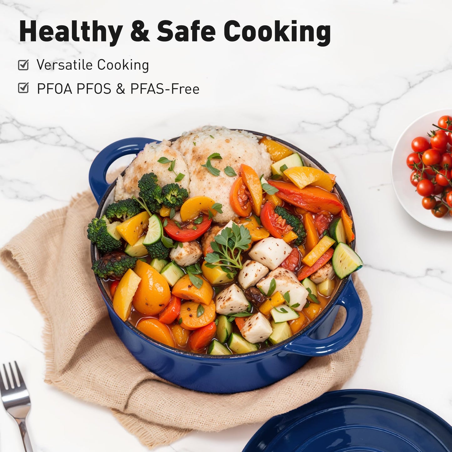 MAISON ARTS Enamel Cast Iron 7 Piece Cookware Set, Dutch Oven Pot with Lid, Blue Non Stick Pots and Pans set, Oven Safe up to 500°F