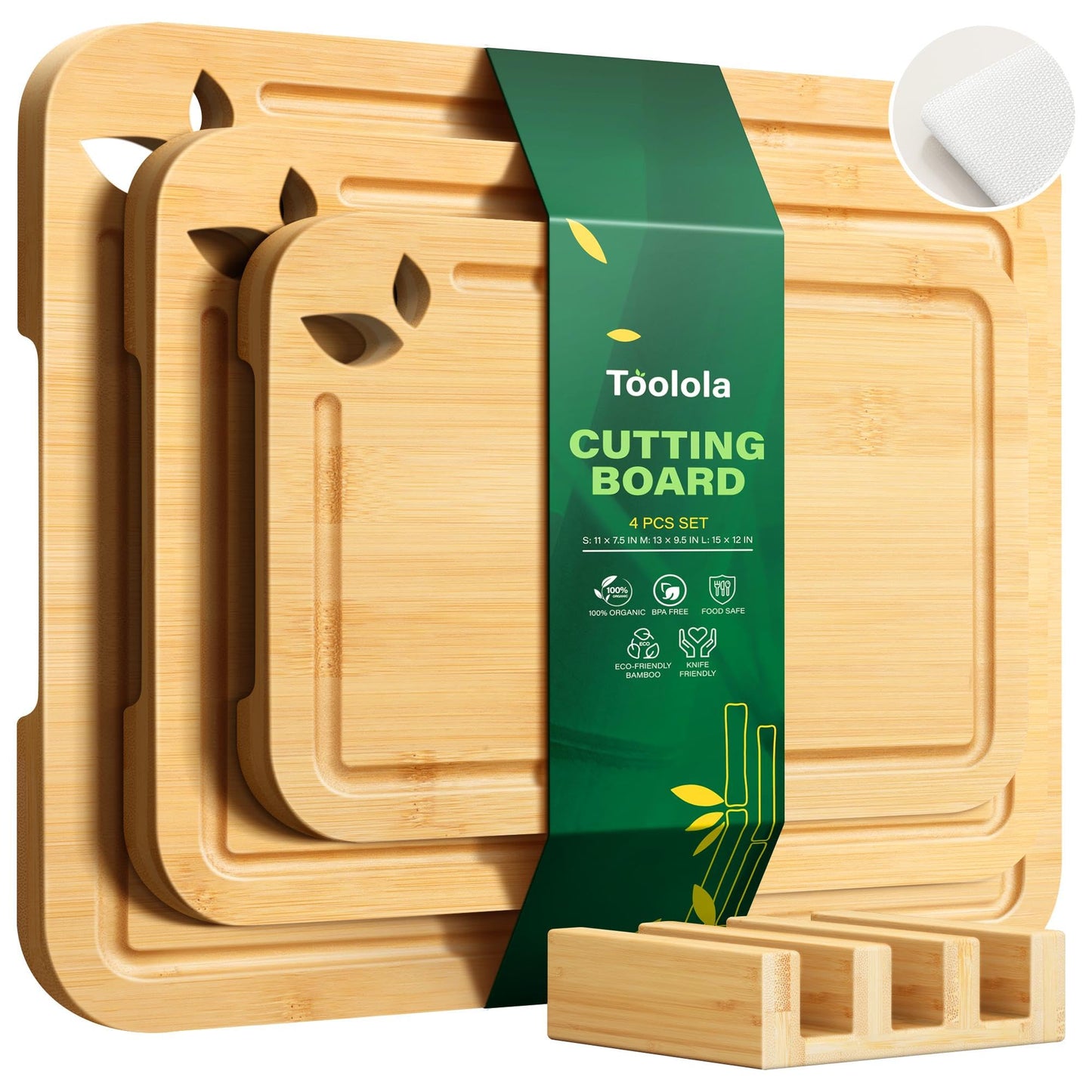 Toolola Bamboo Cutting Boards for Kitchen with Holder & Silicone Mat, Lightweight & Knife-Friendly Wood Cutting Board Set with Side Handles and Juice Grooves, Natural
