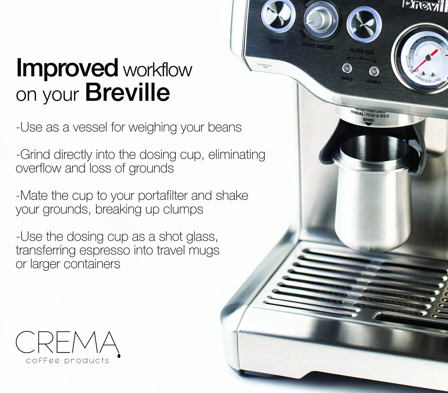 CREMA Coffee Products 54mm Dosing Cup | Compatible with any 54mm Portafilters | Durable 100% Stainless Steel | Built-In Grinder Tab for Easy Transfer | Brushed Silver Finish