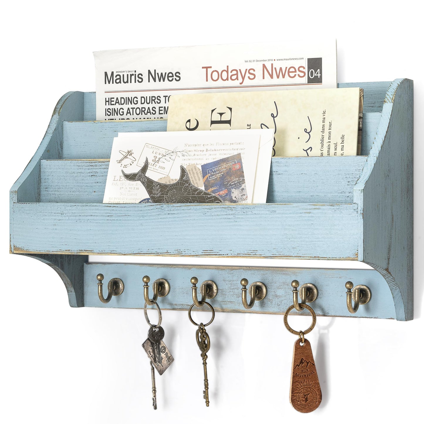 Rebee Vision Pine Wood Key Holder Wall Mount - Farmhouse 3-Tire Mail Holder with 6 Key Hooks for Home Decor- Multifunctional Wall Organizer for Entreyway, Living Room (Blue)