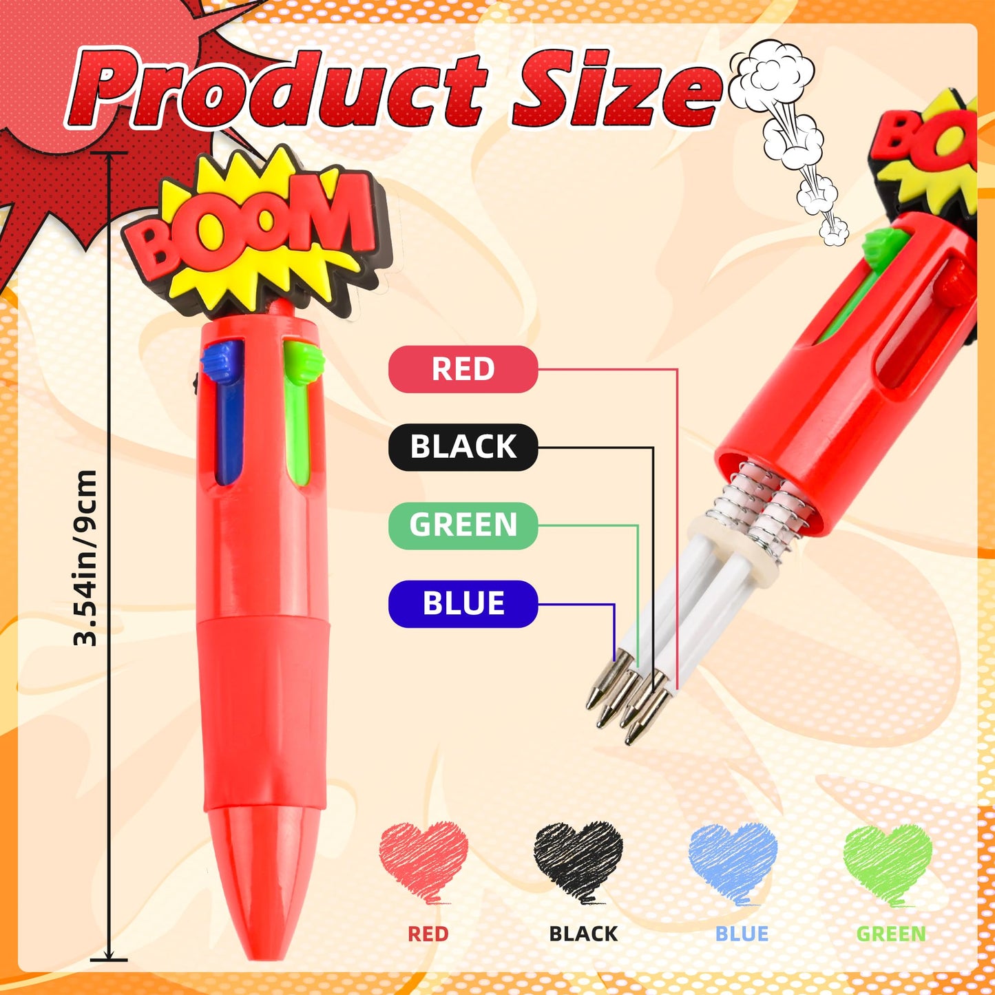 LiYiQ 100 Pcs Hero Theme Colorful Multicolor Pen in One Cute Cartoon Fun 4-in-1 Cute Pens Bulk Kawaii Hero Theme Boom Wow Pow Conversation Cool Ballpoint Pens for Fun Gifts