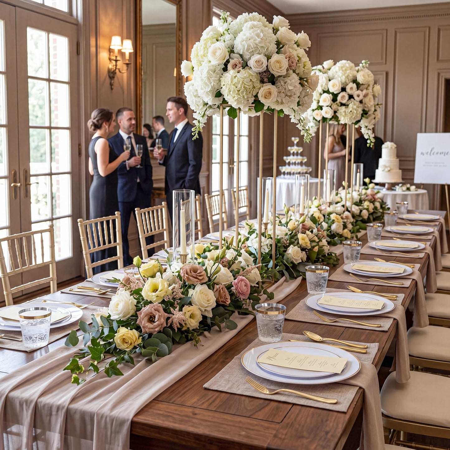 KIRE 175PCS Gold Plates Disposable - Heavy Duty White and Gold Plastic Plates Dinnerware Sets - 25 for Dinner 25 for Dessert 25 Pre Rolled Napkins and 25 Cups for Birthday/Wedding/Party