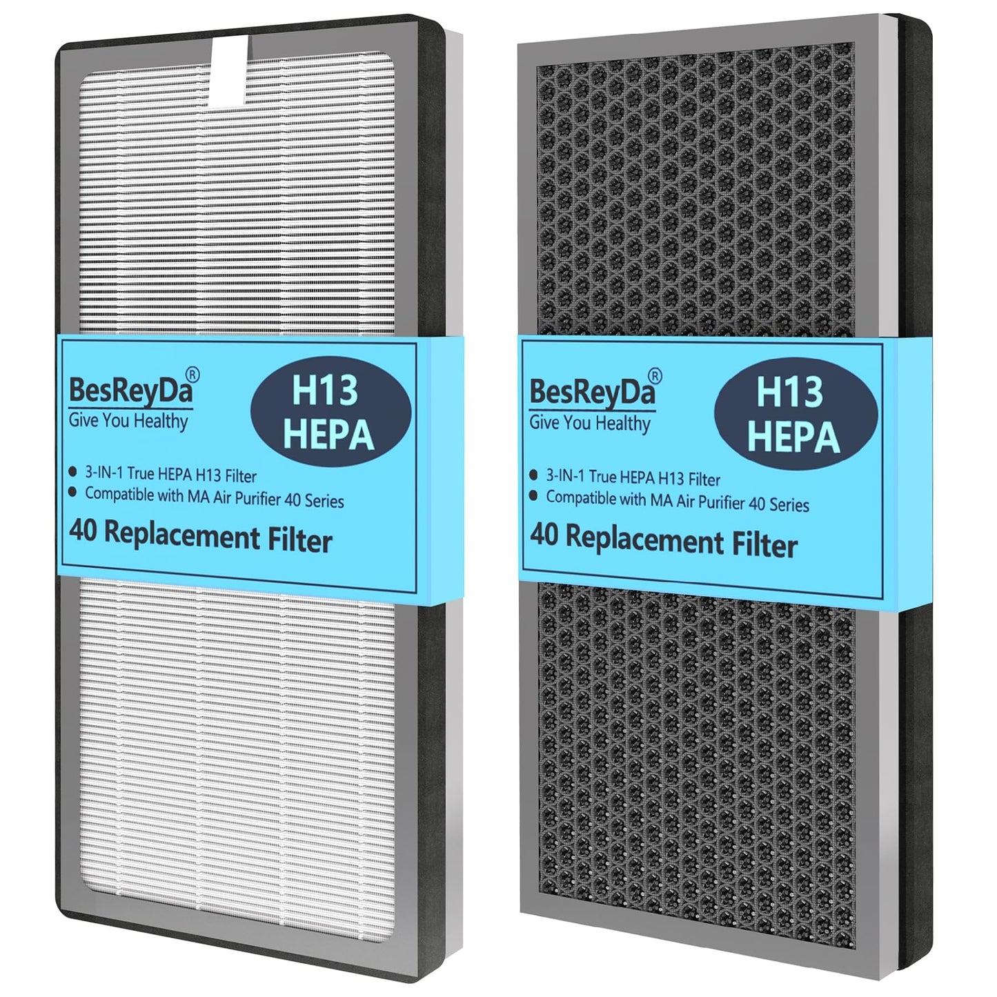 BesReyDa 40 Replacement Filter Compatible with MA Air Purifier 40 Series, 3-IN-1 True HEPA 13 Filtration, Fine Pre-Filter and Activated Carbon F ilter, 2 Pack