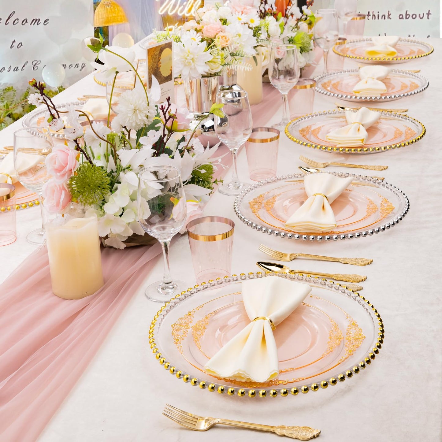 Hioasis 175pcs Pink and Gold Plates - Pink Party Plates for 25 Guest, Include 50 Heavy-duty Plates(20% Thicker Than Standard), 75 Cutlery Set, 25 Napkin, 25 Cups for Party & Easter
