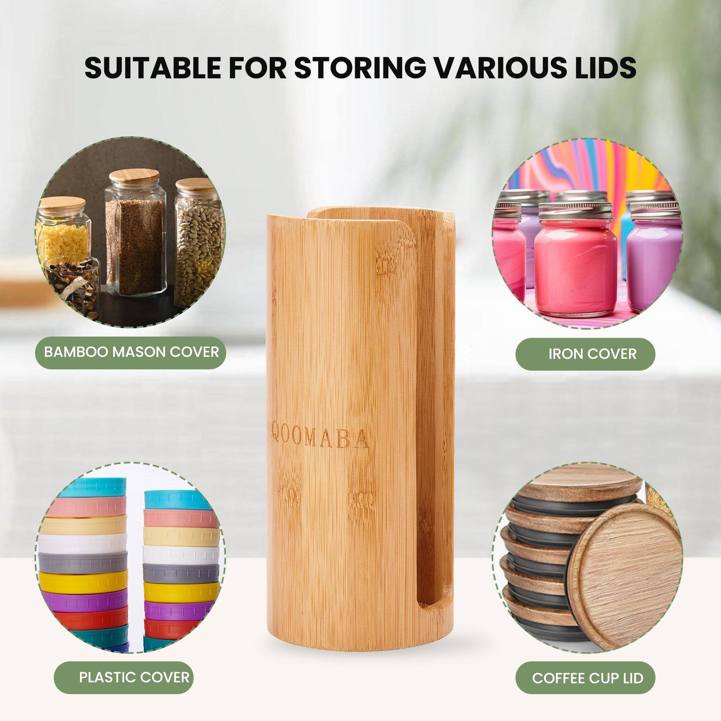 QOOMABA Mason Jar Lid Organizer (2pcs), Mason Jar Lid Storage Made of Bamboo, Suitable for Mason/Canning/Bamboo Lids(WIDE/REGULAR), Fit Perfectly, Stackable Steady