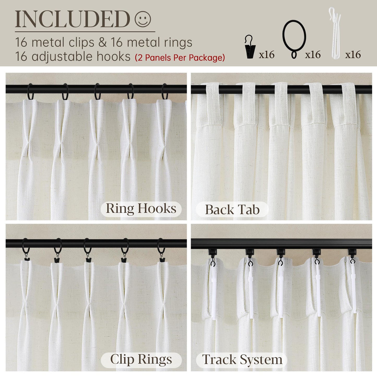 Pinch Pleated Linen Curtains 90 Inches Long for Living Dining Room Bedroom 2 Panel Set Natural Cream Birch Pinch Pleat Curtain 90 Inch Neutral Boho Floor to Ceiling Curtains Semi Sheer Linen Drapes