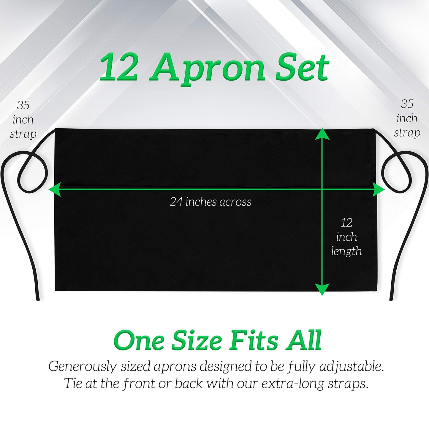 GREEN LIFESTYLE Server Aprons with 3 Pockets - Waist Apron, Waitress Apron for Women and Man, Water Resistant with Long Waist Strap Reinforced Seams, Half Apron (12 Pack - Black)