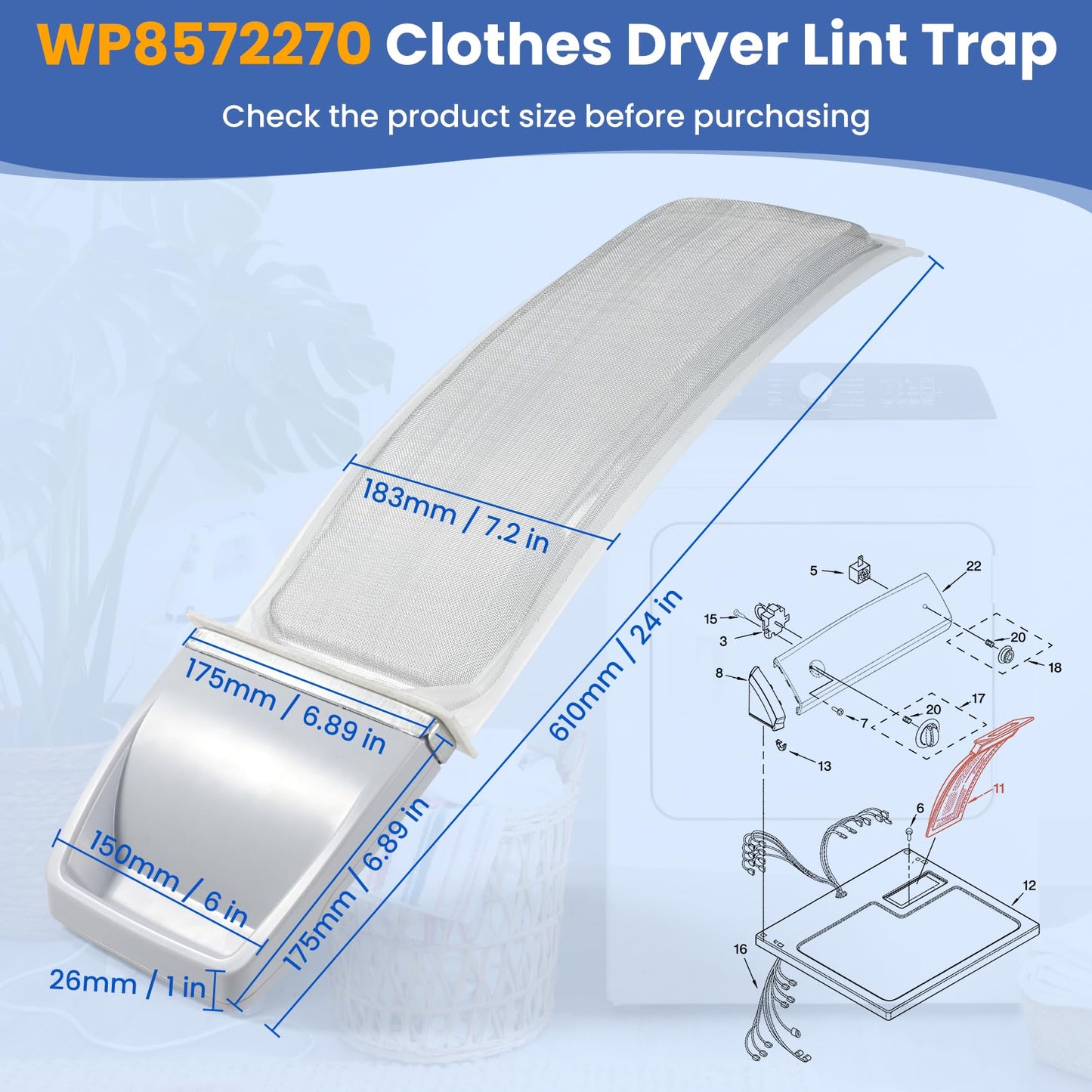 WP8572270 8572270 Clothes Dryer Lint Trap Compatible with Whirlpool Maytag Kenmore WED6200SW1 WED6400SW1 WED6400SB0 WED6400SB1. Replace AP3890807 1201488 AP6013413 PS1487948 PS11746639