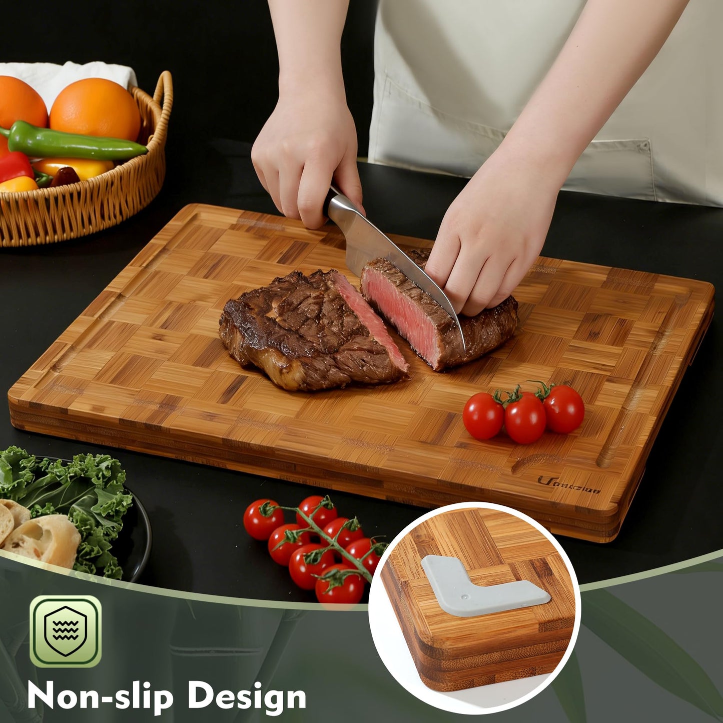 Heavy Duty Bamboo Cutting Board Set 3 Pack Non Toxic Juice Groove Charcuterie Board Book Wood Cutting Boards for Kitchen Solid End Grain Wood Chopping Board Large Butcher Block
