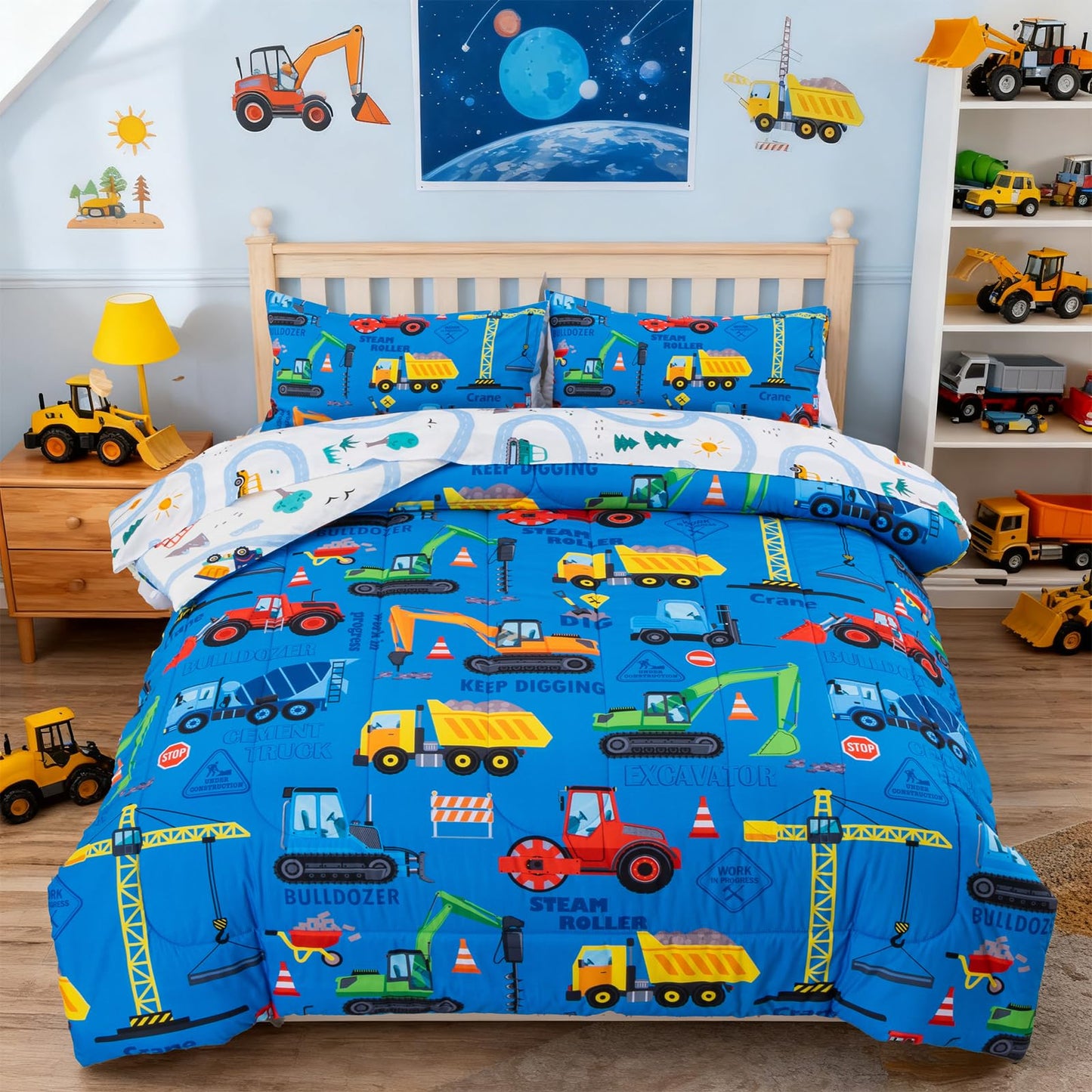 Holawakaka Trucks Excavator Cars Boy Bedding Comforter Set with Sheets, Twin Size Cartoon Construction Car Tractors Print Kids Bed in A Bag 5-Piece, Boys Reversible Dorm Bed Sets (Blue Twin)