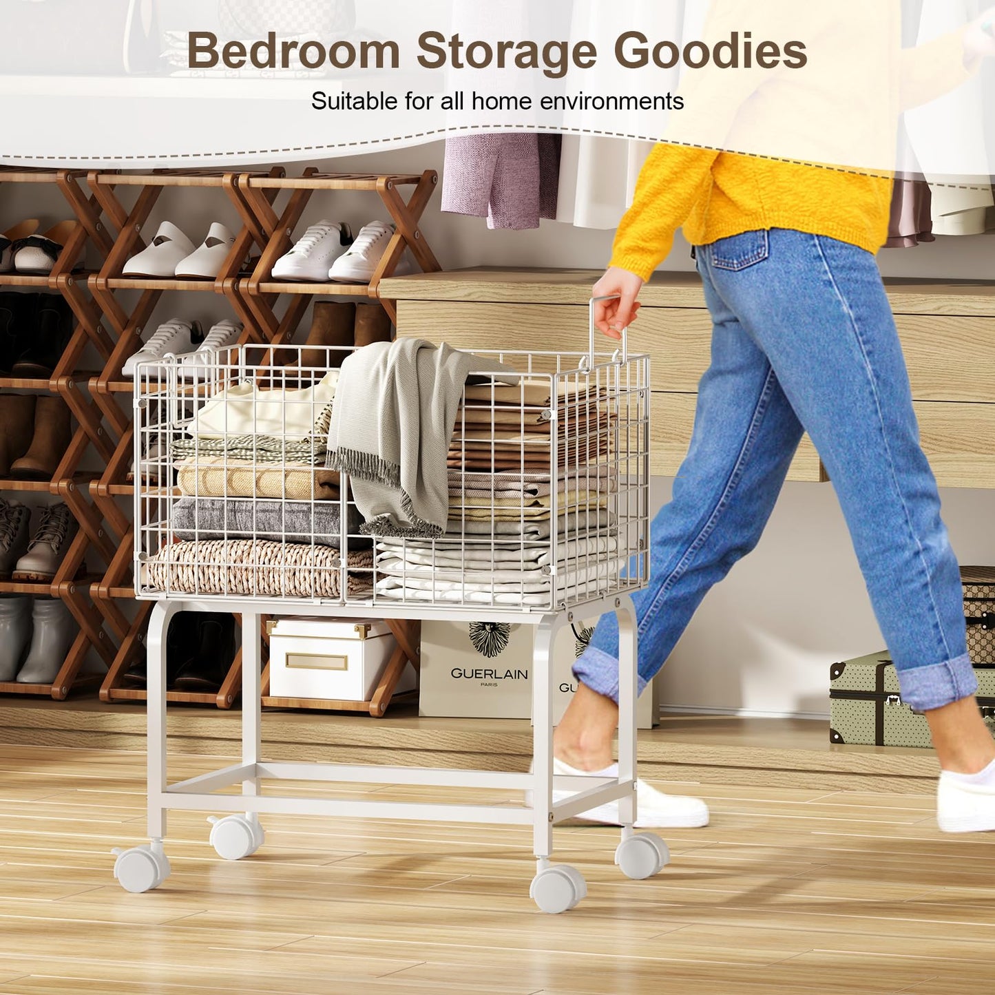 Wire Laundry Cart with Wheels,80L Rolling Laundry Basket Trolley with Pull Handle,White High Laundry Basket Cart for Laundry Room,Bathroom,Bedroom-White(23.6 * 15.75 * 28inch)