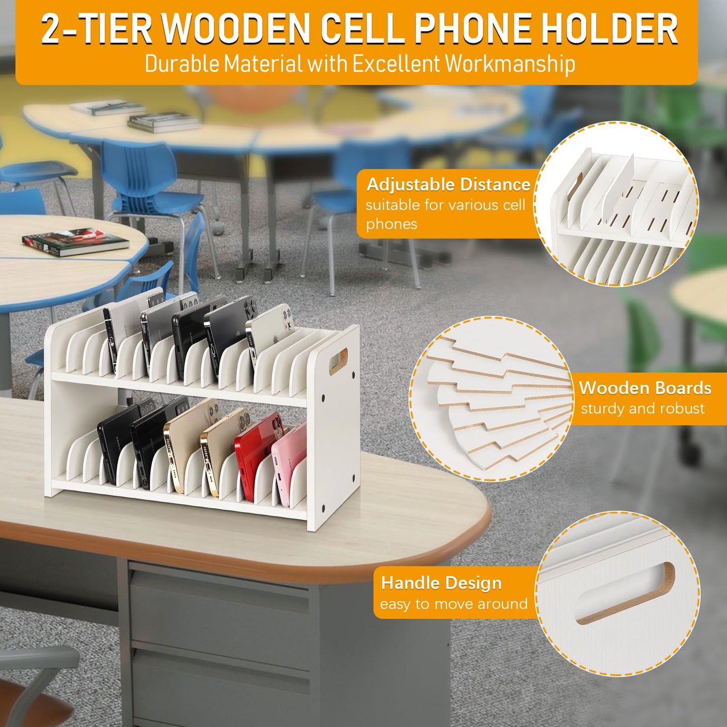 Ozzptuu Cell Phone Storage Classroom Cell Phone Holder Adjustable Wooden Multiple Rack Caddy Organizer Box for Classroom Office Desktop with 1-30 Number Stickers (30-Grid) (White)